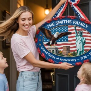 nazenti personalized 250th anniversary door sign — custom family name patriotic wreath, 1776–2026 usa 4th of july outdoor decoration