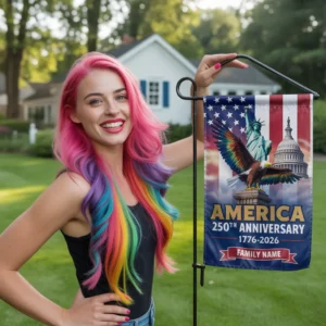 America's 250th anniversary personalized family garden flag with custom name, patriotic eagle, and Statue of Liberty banner design 1776 to 2026