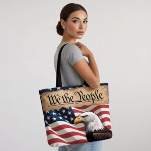 "we the people" patriotic canvas tote bag american flag eagle constitution print, large reusable shoulder handbag for women, travel, gym, grocery & everyday use