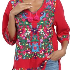 YZXDORWJ women's embroidered Mexican peasant blouse traditional summer short sleeve top lightweight relaxed fit inclusive sizing S to 3XL