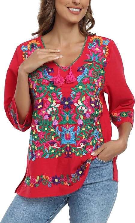 YZXDORWJ women's embroidered Mexican peasant blouse traditional summer short sleeve top lightweight relaxed fit inclusive sizing S to 3XL YZXDORWJ women's embroidered Mexican peasant blouse traditional summer short sleeve top lightweight relaxed fit inclusive sizing S to 3XL