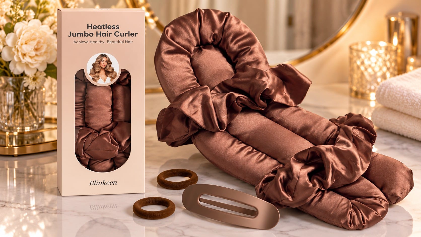 Brown satin jumbo heatless hair curling rod with satin scrunchies next to its Blinkeen box on a marble vanity with flowers, candles and towels.