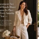 Luxe Lexi wearing the Cinq à Sept Boucle Khloe Cropped Blazer in Gardenia cream at her residential threshold with considered farmers-market tote for the considered 9:00 AM Saturday-rotation moment, captured in quiet-luxury lifestyle editorial register for her investment-tier blog feature at SparkTrove Trends