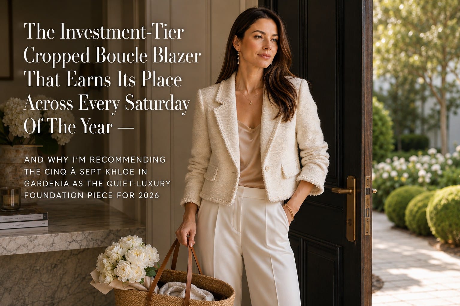 Luxe Lexi wearing the Cinq à Sept Boucle Khloe Cropped Blazer in Gardenia cream at her residential threshold with considered farmers-market tote for the considered 9:00 AM Saturday-rotation moment, captured in quiet-luxury lifestyle editorial register for her investment-tier blog feature at SparkTrove Trends