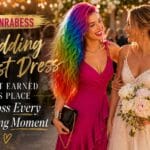 Vivid Vicky in the bold saturated fuchsia ANRABESS V-neck wrap midi wedding guest dress laughing with her best friend the bride during golden-hour cocktail hour at an outdoor garden wedding venue