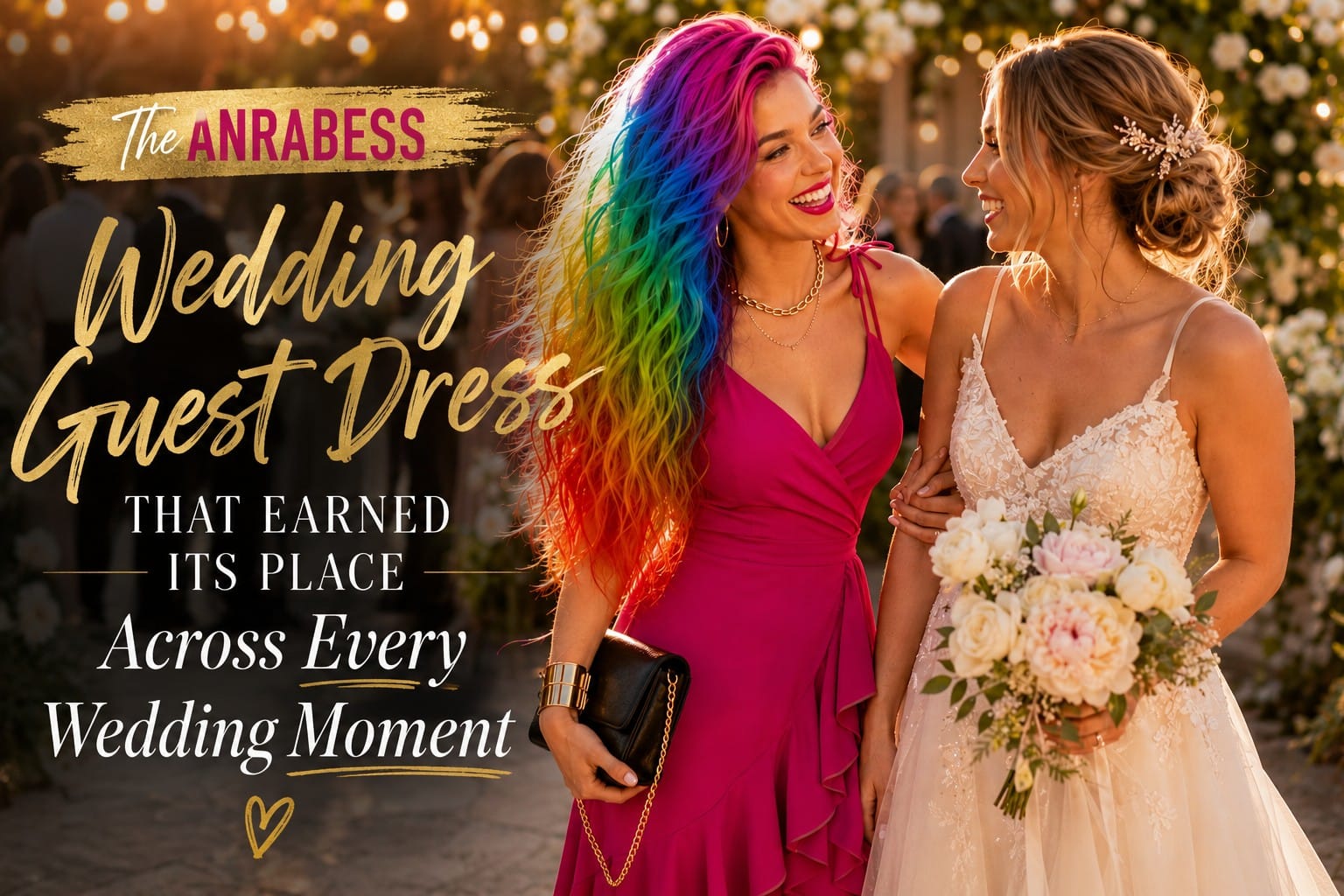 Vivid Vicky in the bold saturated fuchsia ANRABESS V-neck wrap midi wedding guest dress laughing with her best friend the bride during golden-hour cocktail hour at an outdoor garden wedding venue