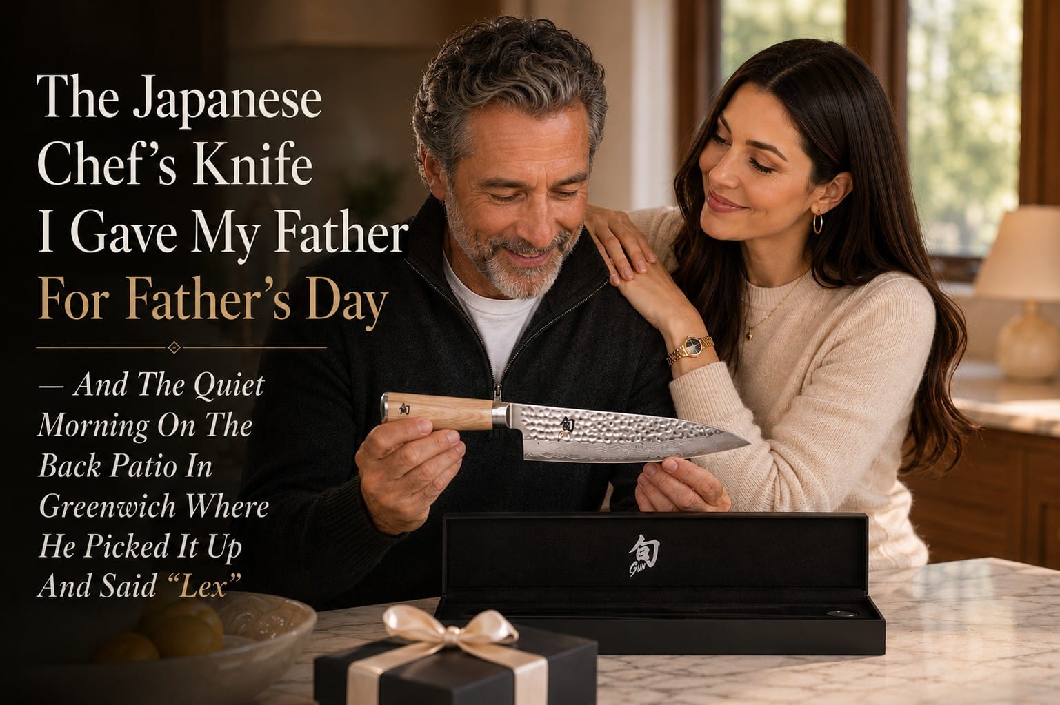 Luxe Lexi gives her father Michael the handcrafted Shun Premier Blonde 8 inch Japanese chef's knife on Father's Day morning at the family home in Greenwich for SparkTrove Trends.