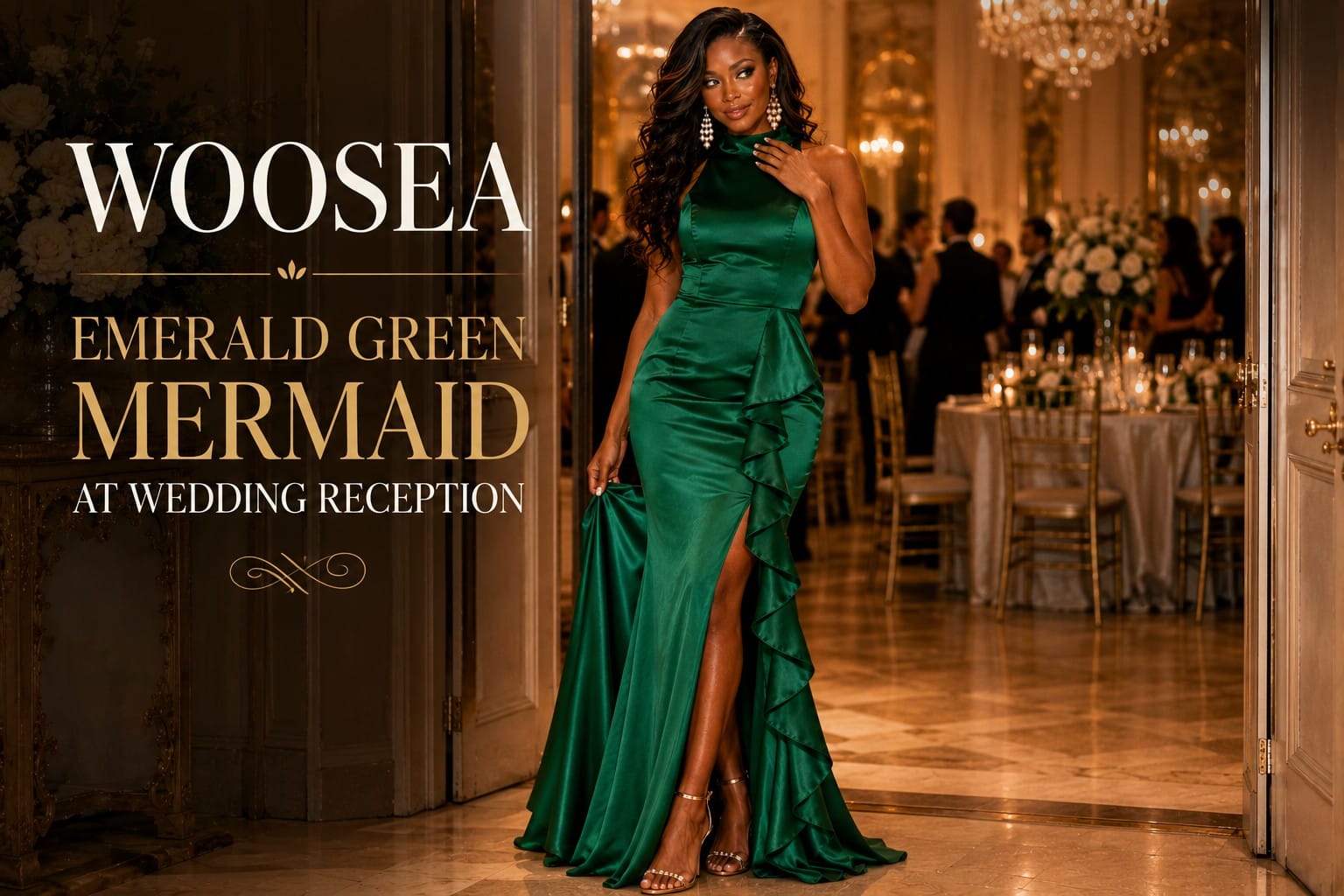 Sparkle Stacey at the considered moment of red-carpet entrance to an upscale wedding reception wearing the WOOSEA emerald green satin mermaid wedding guest dress with dramatic ruffled cascade side split and statement pearl chandelier earrings