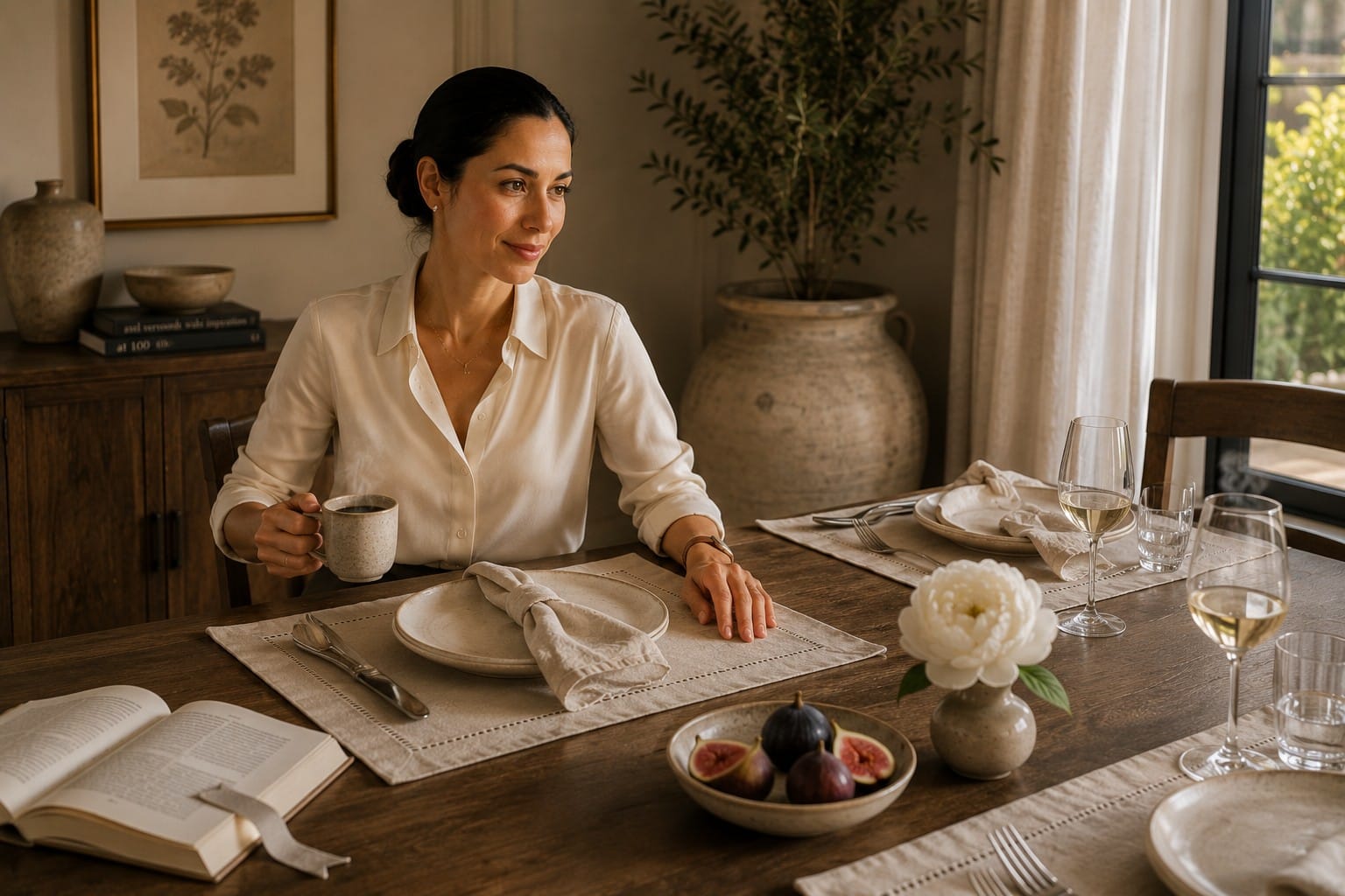 Chic Nikki seated at her quiet-luxury Saturday lunch tablescape featuring Solino Home natural linen placemats with classic hemstitch detail, cream stoneware plates, and a single white peony centerpiece in considered editorial styling