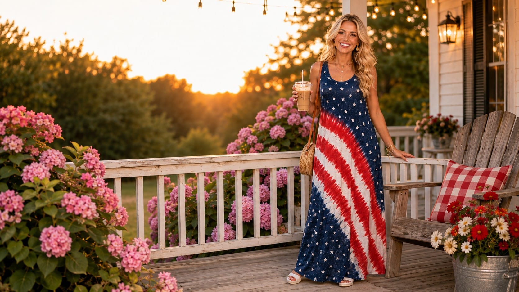 Trendy Wendy on country porch wearing For G and PL American flag sleeveless maxi sundress with pockets navy stars red white tie-dye stripes patriotic 4th of July 250th anniversary 2026