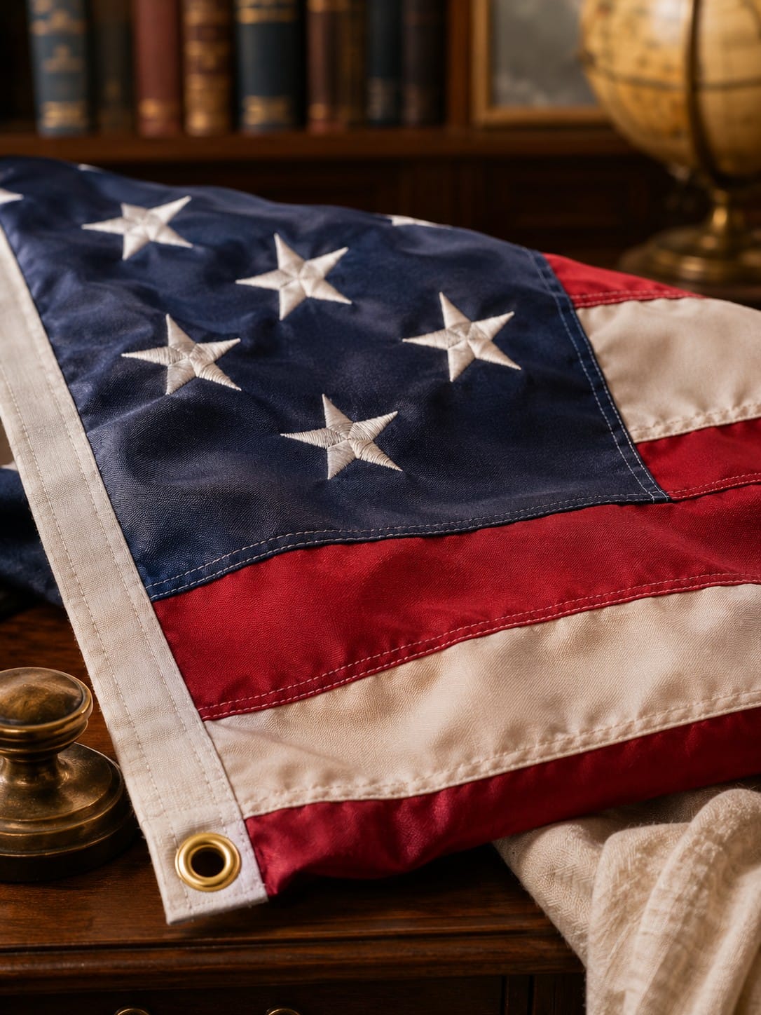 AGAS 10x19 ft American flag review showing close-up detail of hand-embroidered stars sewn stripes brass grommets and canvas header — Luxe Lexi 5 star quiet luxury review