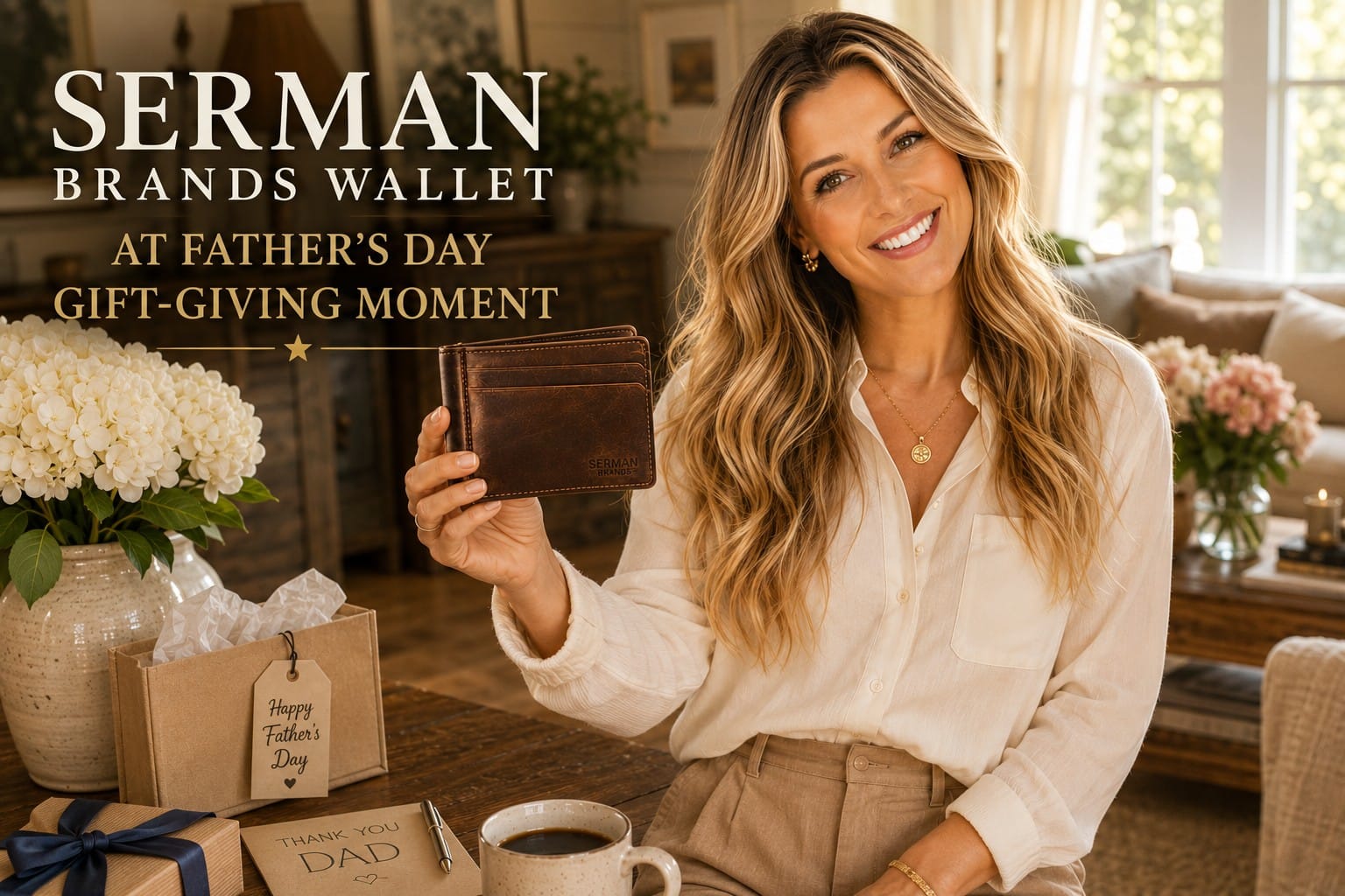 Trendy Wendy at the considered Father's Day gift-giving moment in her warm-Americana family home interior, holding the SERMAN BRANDS Texas Brown slim bifold leather wallet with integrated money clip and debossed brand logo, photographed in warm Saturday-afternoon natural home-magazine lighting register for considered keepsake-test Father's Day gift-feature editorial coverage at SparkTrove Trends