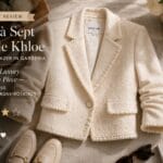 Cinq à Sept Boucle Khloe Cropped Blazer in Gardenia cream photographed in editorial flat-lay composition with considered fringe trim and architectural construction details visible for Luxe Lexi's honest 4.0-star editorial review at SparkTrove Trends