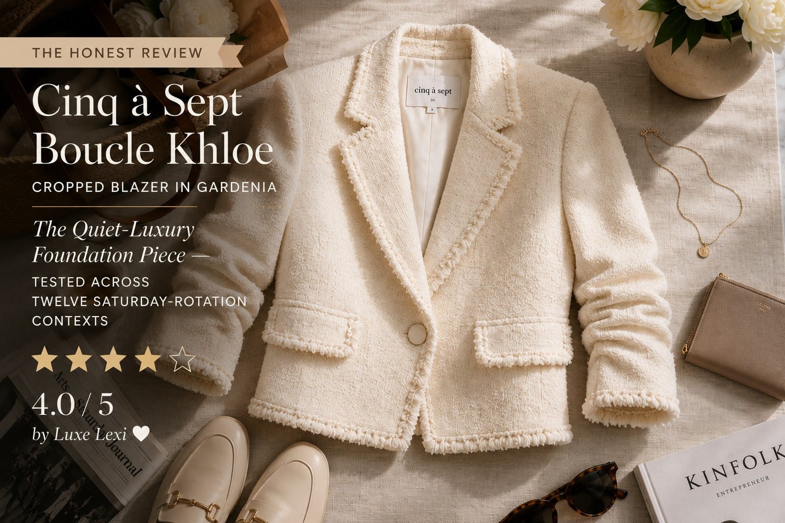 π€ Cinq Γ Sept Boucle Khloe Cropped Blazer In Gardenia β Honest 4.0-Star Review by Luxe Lexi Cinq Γ Sept Boucle Khloe Cropped Blazer in Gardenia cream photographed in editorial flat-lay composition with considered fringe trim and architectural construction details visible for Luxe Lexi's honest 4.0-star editorial review at SparkTrove Trends