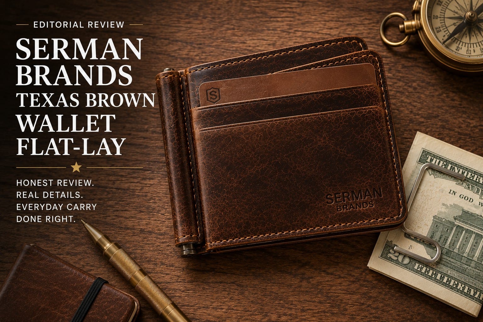 SERMAN BRANDS Texas Brown slim bifold leather wallet editorial review flat-lay showing the patented slim bifold construction, integrated money-clip spine, debossed brand logo, and warm full-grain leather patina-developing character for Wendy's 4.6-star review