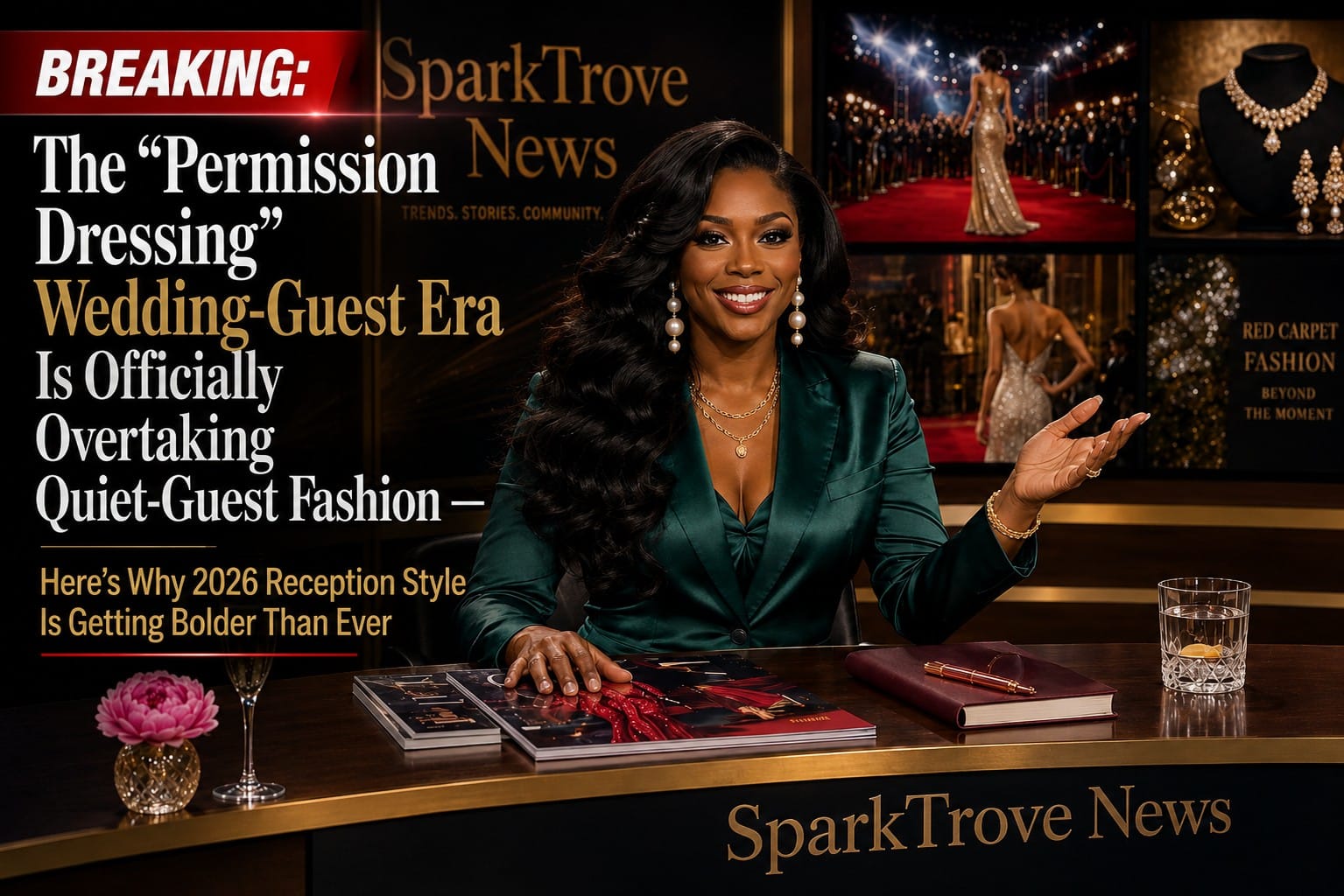 💎 The Permission-Math Wedding Guest Trend Is Officially Replacing Restrained-Guest Dressing — Here's What That Means For The 2026 Wedding Season Sparkle Stacey at the SparkTrove News Desk in considered red-carpet glamour editorial commentator register delivering cultural commentary on the permission-math wedding guest trend replacing restrained-guest dressing in the 2026 American wedding season, with considered editorial-commentator props and three editorial monitors displaying wedding-guest fashion content references