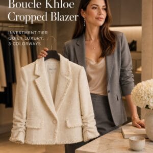 Luxe Lexi holding the Cinq à Sept Boucle Khloe Cropped Blazer in Gardenia cream with considered fringe trim, notched lapels, and 100% cotton boucle construction for considered investment-tier quiet-luxury foundation piece curation at SparkTrove Trends