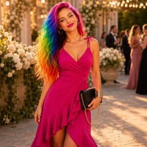 Bold saturated fuchsia V-neck wrap midi wedding guest dress with asymmetric high-low cascading ruffle split skirt photographed at a golden-hour outdoor garden wedding venue terrace