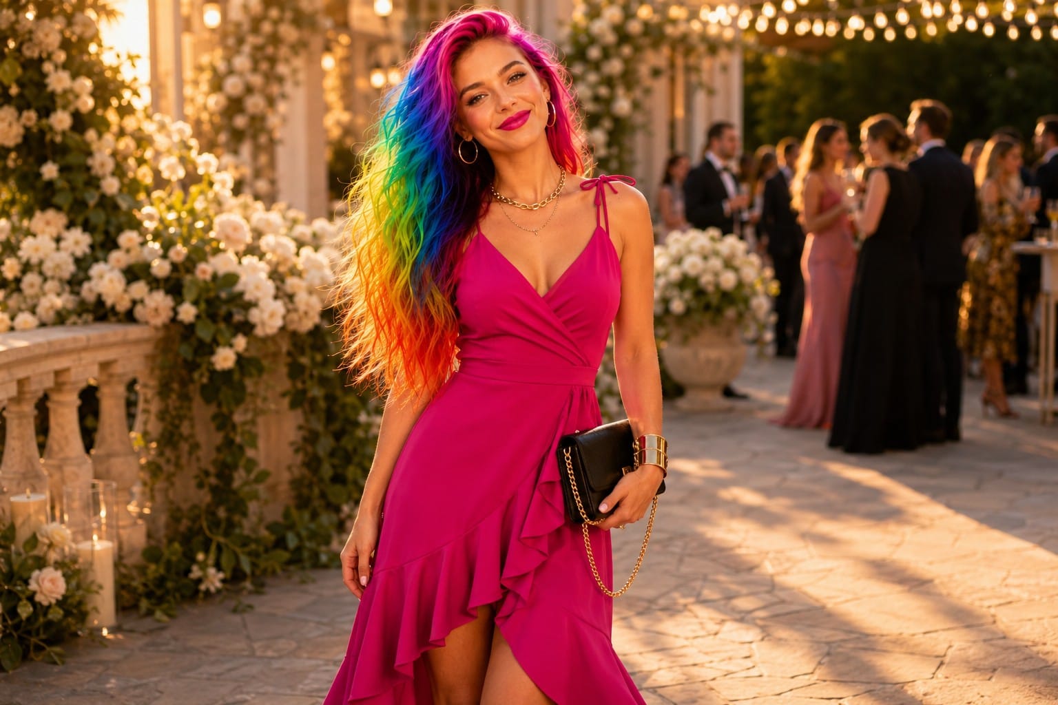 bold saturated v neck wrap midi wedding guest dress, 7 jewel tone colorways Bold saturated fuchsia V-neck wrap midi wedding guest dress with asymmetric high-low cascading ruffle split skirt photographed at a golden-hour outdoor garden wedding venue terrace