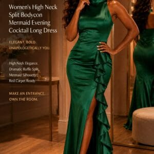 Sparkle Stacey wearing the WOOSEA emerald green satin mermaid wedding guest dress with dramatic ruffled cascade side split and statement pearl chandelier earrings for considered red-carpet glamour at SparkTrove Trends