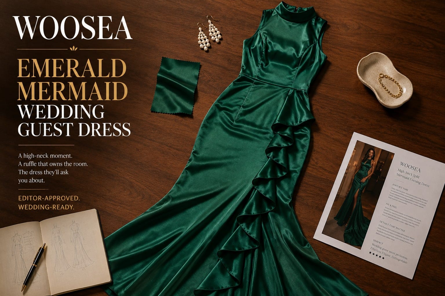 WOOSEA emerald green satin mermaid wedding guest dress editorial review flat-lay showing the dramatic ruffled cascade side-split detail and architectural mermaid silhouette for Sparkle Stacey's 4.4-star permission-math review