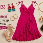 π ANRABESS Bold Saturated V-Neck Wrap Midi Wedding Guest Dress: The Honest 18-Dimension Review π ANRABESS Bold Saturated Fuchsia V-Neck Wrap Midi Wedding Guest Dress laid flat in editorial flat-lay styling with complete Bold Wedding Guest Look accessories β rainbow tassel earrings, gold layered chain necklaces, gold hoop earrings, gold cuff bracelet, structured black clutch with gold chain strap, and nude stiletto sandals β for product-journalism review feature at SparkTrove Trends