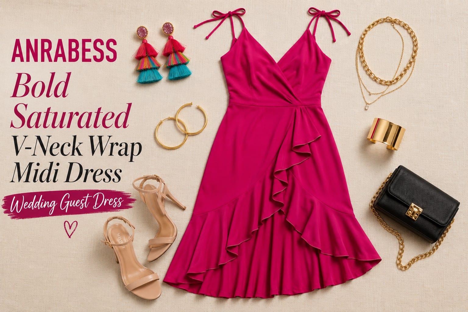 ANRABESS Bold Saturated Fuchsia V-Neck Wrap Midi Wedding Guest Dress laid flat in editorial flat-lay styling with complete Bold Wedding Guest Look accessories — rainbow tassel earrings, gold layered chain necklaces, gold hoop earrings, gold cuff bracelet, structured black clutch with gold chain strap, and nude stiletto sandals — for product-journalism review feature at SparkTrove Trends
