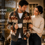 Pendleton Westerley Wool Cardigan β Honest Review After Three Hudson Valley Weekends Man wearing the Pendleton Westerley wool cardigan in a rust, cream, and charcoal Western pattern, holding a coffee mug on a Hudson Valley farmhouse porch while a woman admires the knit.