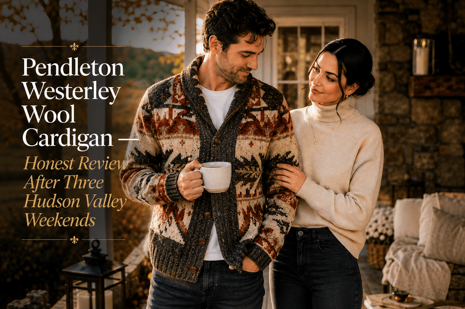 Man wearing the Pendleton Westerley wool cardigan in a rust, cream, and charcoal Western pattern, holding a coffee mug on a Hudson Valley farmhouse porch while a woman admires the knit.
