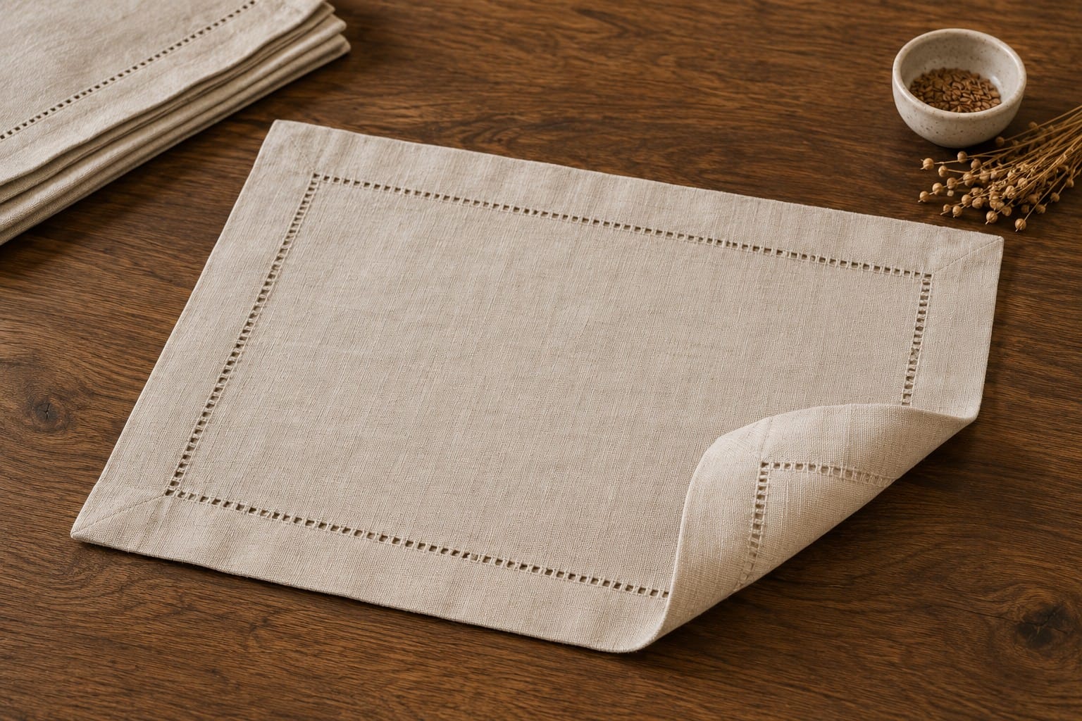 Solino Home natural linen placemat editorial review flat-lay showing the classic hemstitch border detail, 100% pure European flax linen woven texture, and handcrafted construction at editorial inspection clarity for Chic Nikki's 4.5-star quiet-luxury review