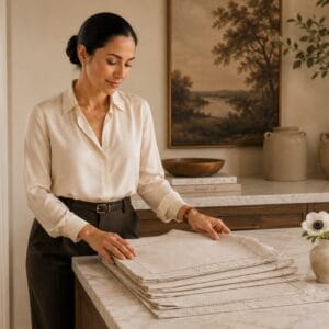 Solino Home natural linen placemats set of 6 with classic hemstitch border in pure European flax linen, fanned display showing the woven texture and handcrafted hemstitched edges for quiet-luxury dining tablescape