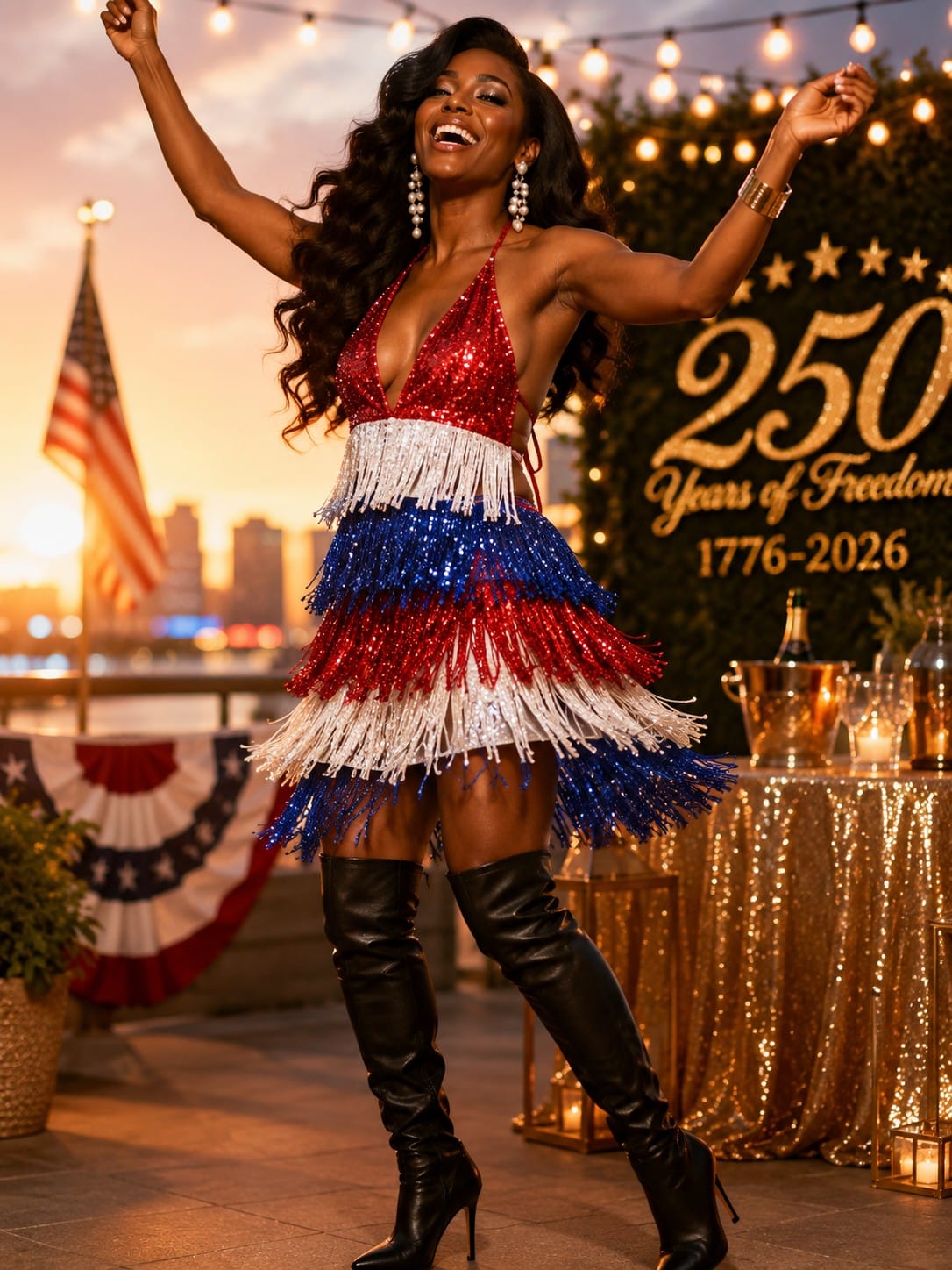 Sparkle Stacey wearing red white blue sequin fringe halter mini dress at a 250th Anniversary rooftop celebration with gold accessories and dramatic glam makeup