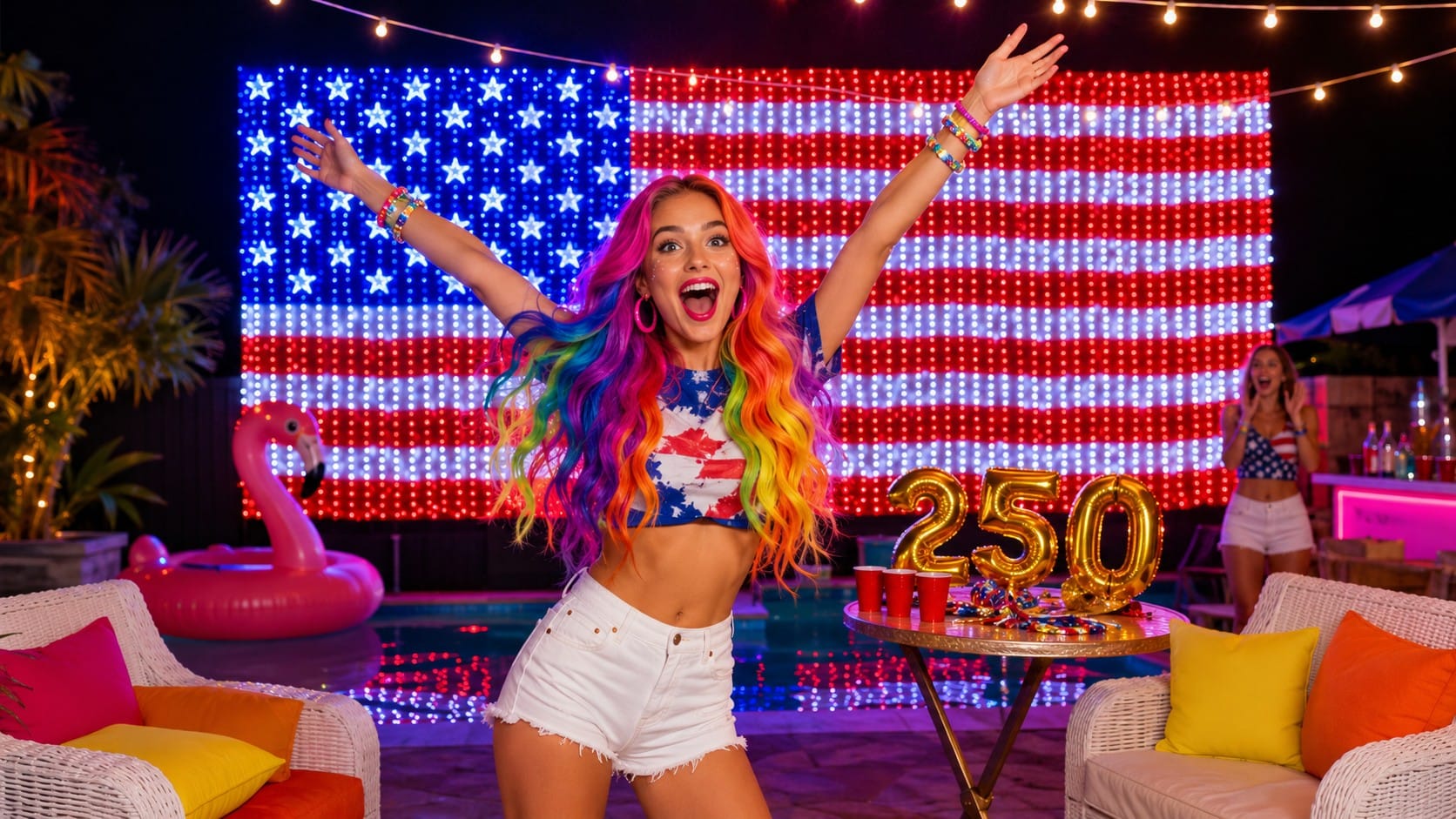 π THE LED FLAG NET THAT BROKE MY ENTIRE BACKYARD (IN THE BEST WAY) Vivid Vicky in front of glowing HYH 420-LED American flag net light in backyard for 250th Anniversary party setup with dopamine decor energy