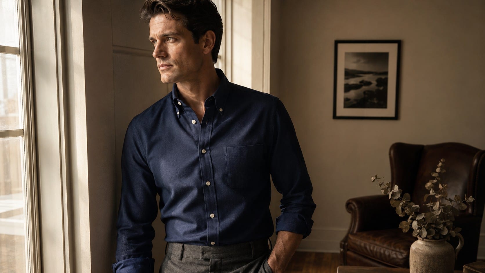 Alimens Gentle mens solid Oxford shirt long sleeve button-down dress shirt with chest pocket worn by Nikki's husband as quiet luxury capsule wardrobe essential