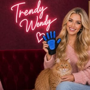 Trendy Wendy in pink sweater holding NVNAN blue pet hair removal glove sitting with fluffy orange tabby cat in branded studio with hot pink Trendy Wendy neon sign and Amazon Finds decor