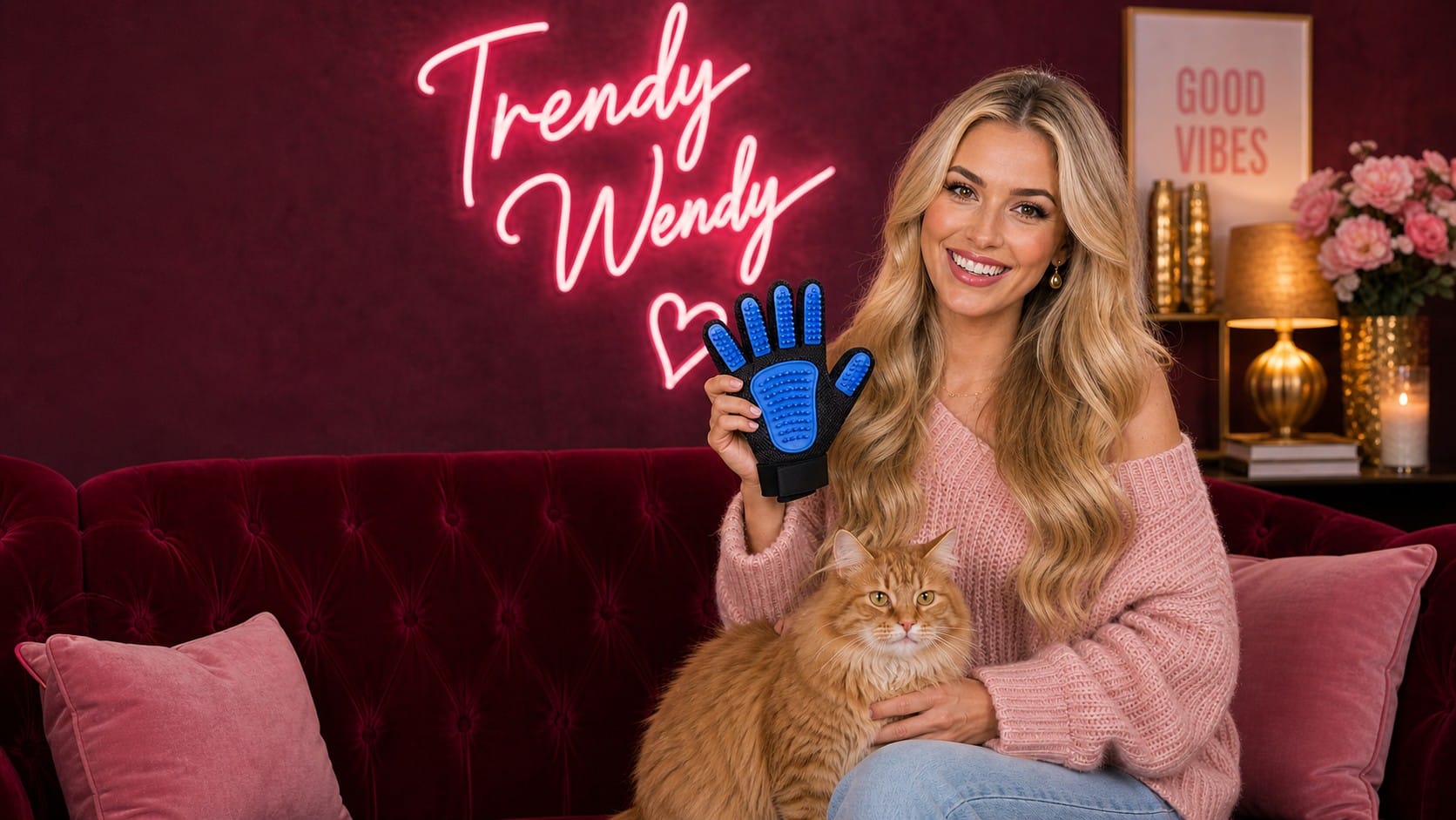Trendy Wendy in pink sweater holding NVNAN blue pet hair removal glove sitting with fluffy orange tabby cat in branded studio with hot pink Trendy Wendy neon sign and Amazon Finds decor