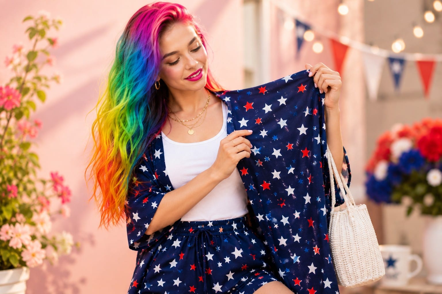 Vivid Vicky review patriotic star print 2-piece short set kimono top high-waisted shorts 250th Anniversary 2026 four star Gen-Z maximalist viral verdict