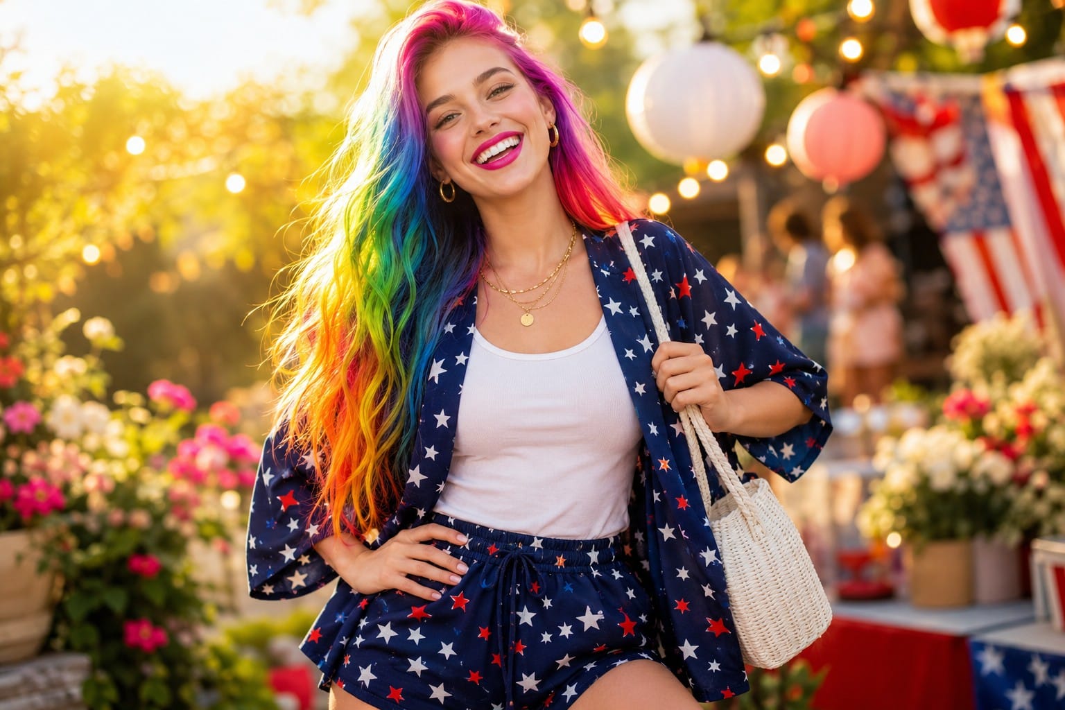 Vivid Vicky's discovery: a $35.99 navy star-print kimono and high-waisted shorts set that solves the patriotic fashion problem for Fourth of July 2026. ✨