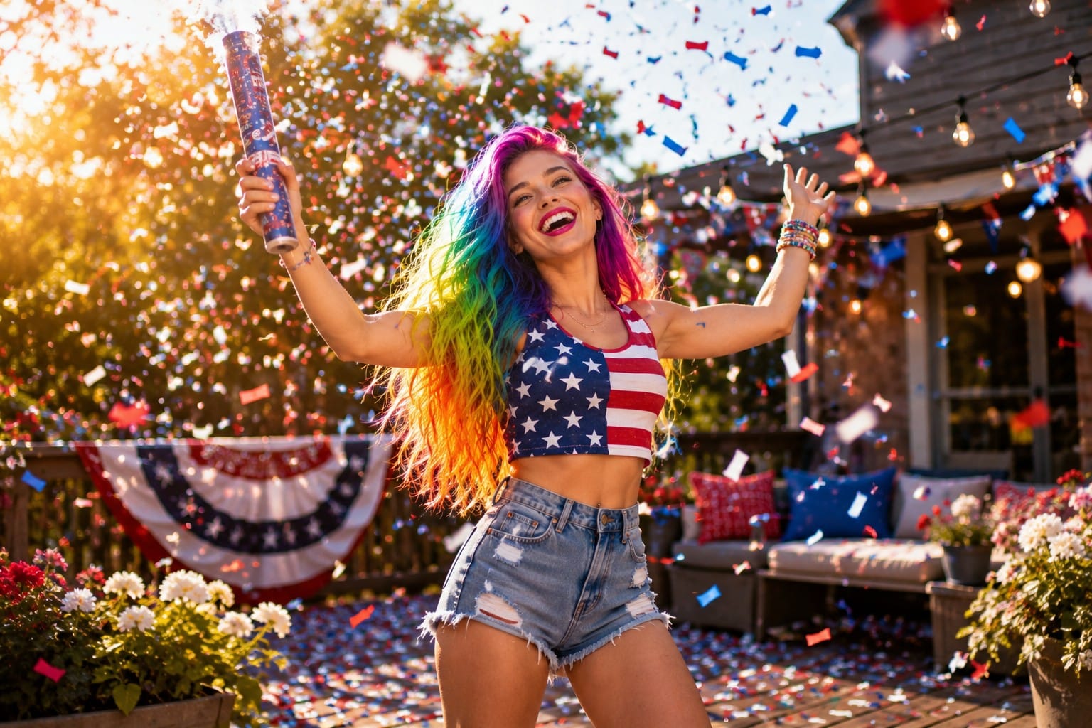 Vivid Vicky Gen Z rainbow hair maximalist patriotic confetti cannons red white blue biodegradable poppers viral content creation Fourth of July 250th Anniversary 2026 editorial summer celebration