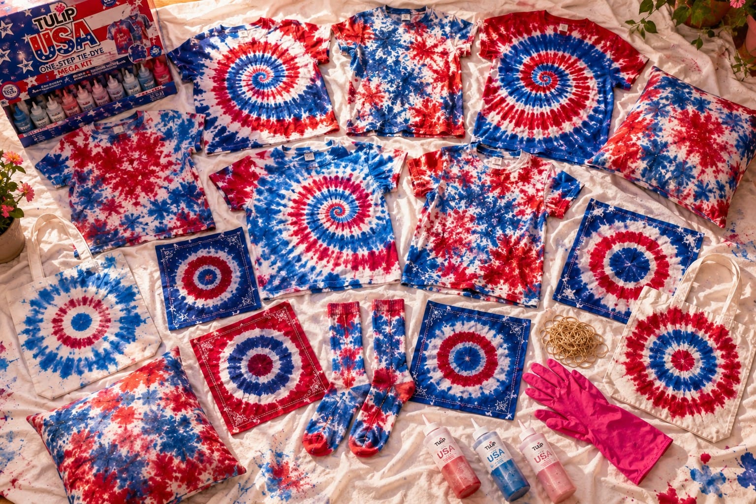 Vivid Vicky review patriotic Tulip One Step tie dye USA mega kit 74 piece red white blue Fourth of July Memorial Day summer crafting party content creator math four point five star dopamine craft Gen Z maximalist creative chaos verdict