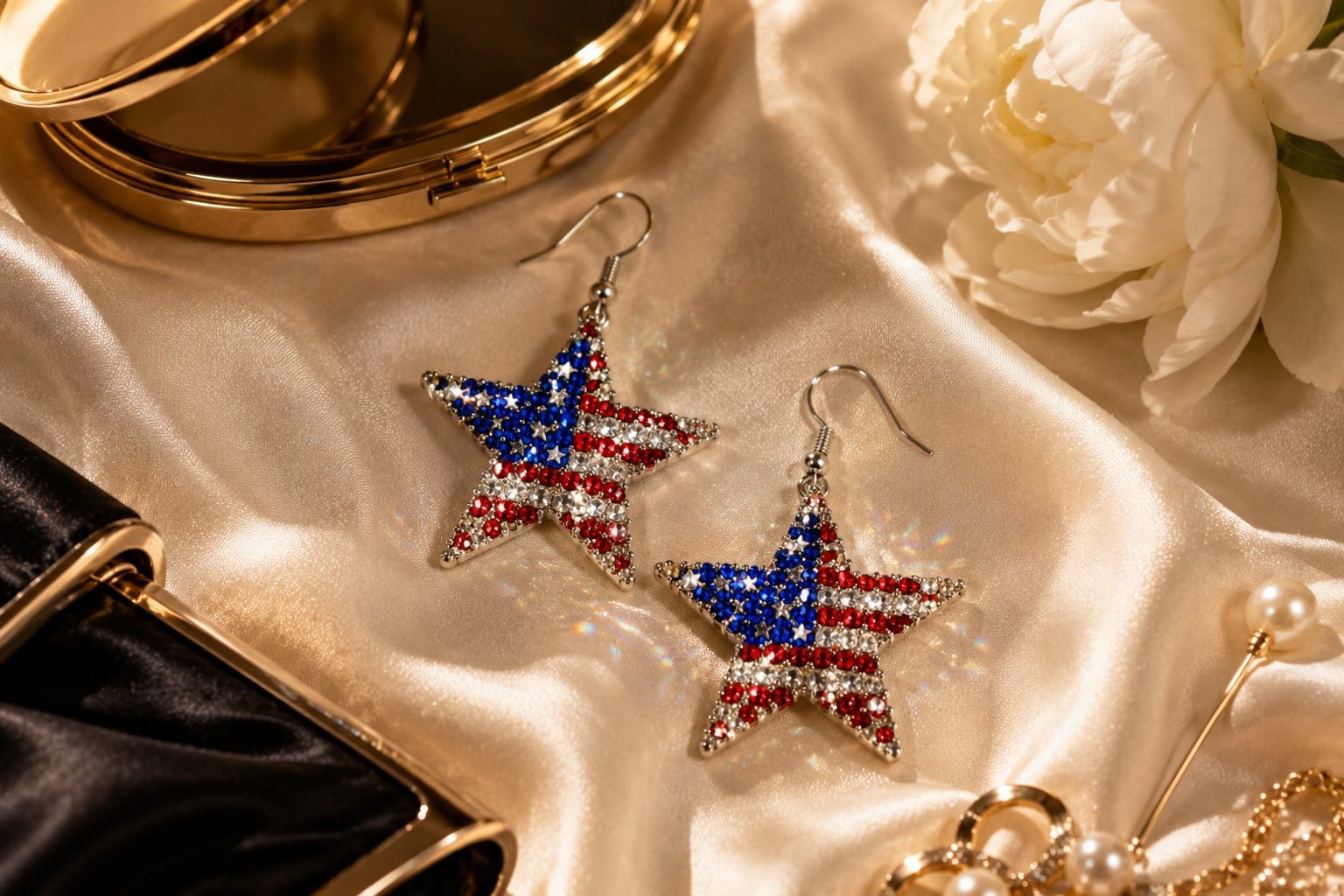 Sparkle Stacey red carpet glamour review patriotic rhinestone crystal star drop dangle earrings red white blue America's 250th Anniversary editorial jewelry permission math five stars statement accessory glam
