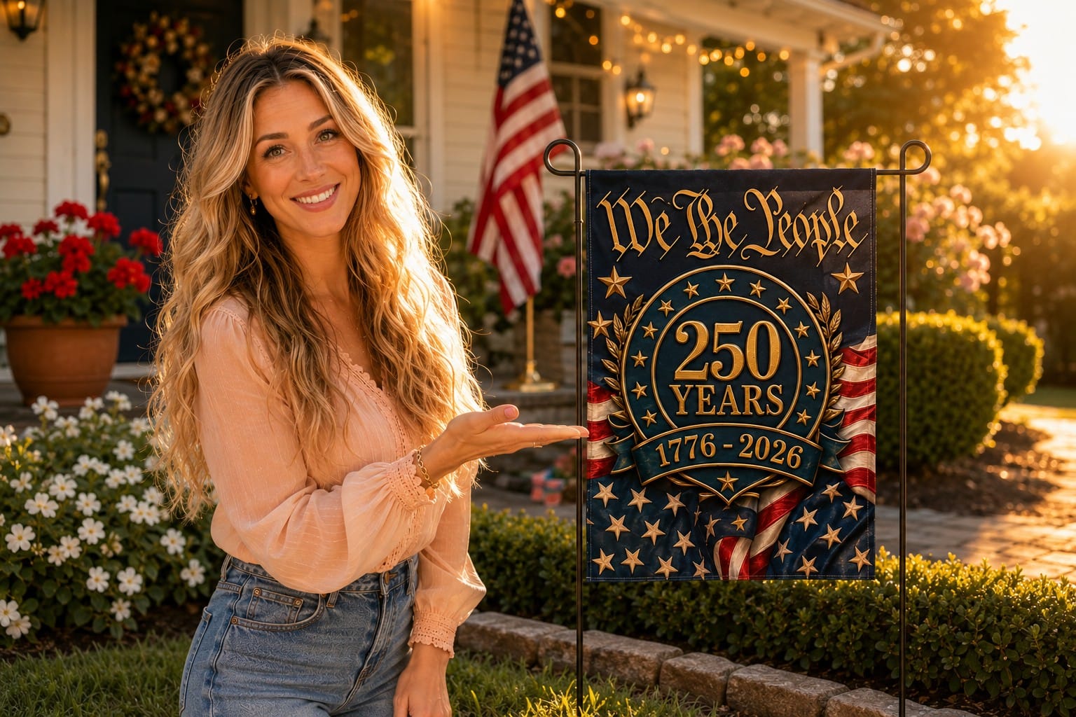 Trendy Wendy in front yard reviewing 1776 2026 commemorative We The People 250th anniversary USA garden flag double sided patriotic yard sign 12x18 inch weatherproof fade resistant Constitution founding words America semiquincentennial honest review 5 stars