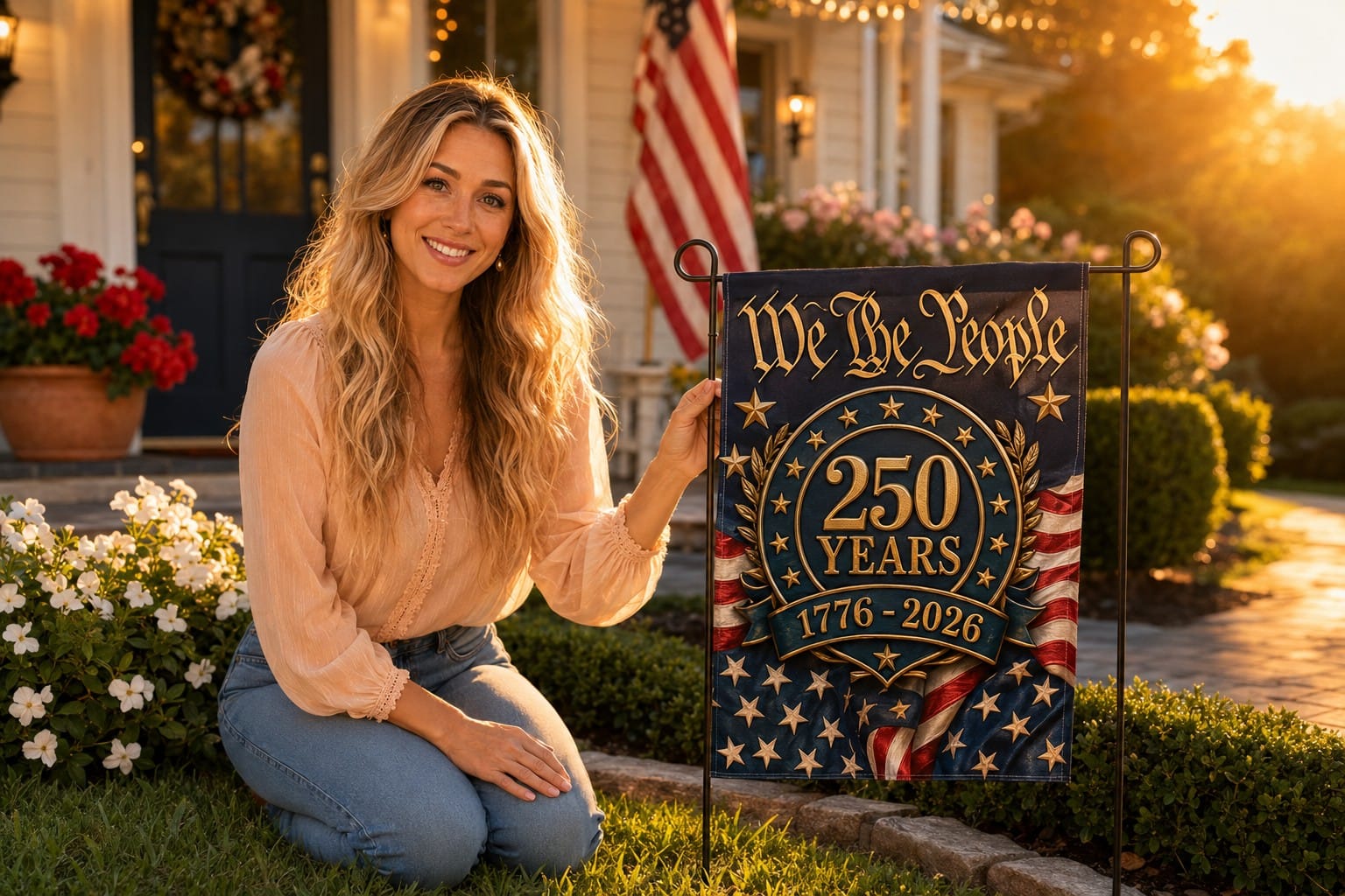 "We The People" Greeted My Mailman Today β The Garden Flag That Made Me Stop In My Driveway Trendy Wendy in front yard kneeling beside 1776 2026 commemorative We The People 250th anniversary USA garden flag double sided 12x18 inch weatherproof fade resistant patriotic yard sign Constitution founding words America semiquincentennial
