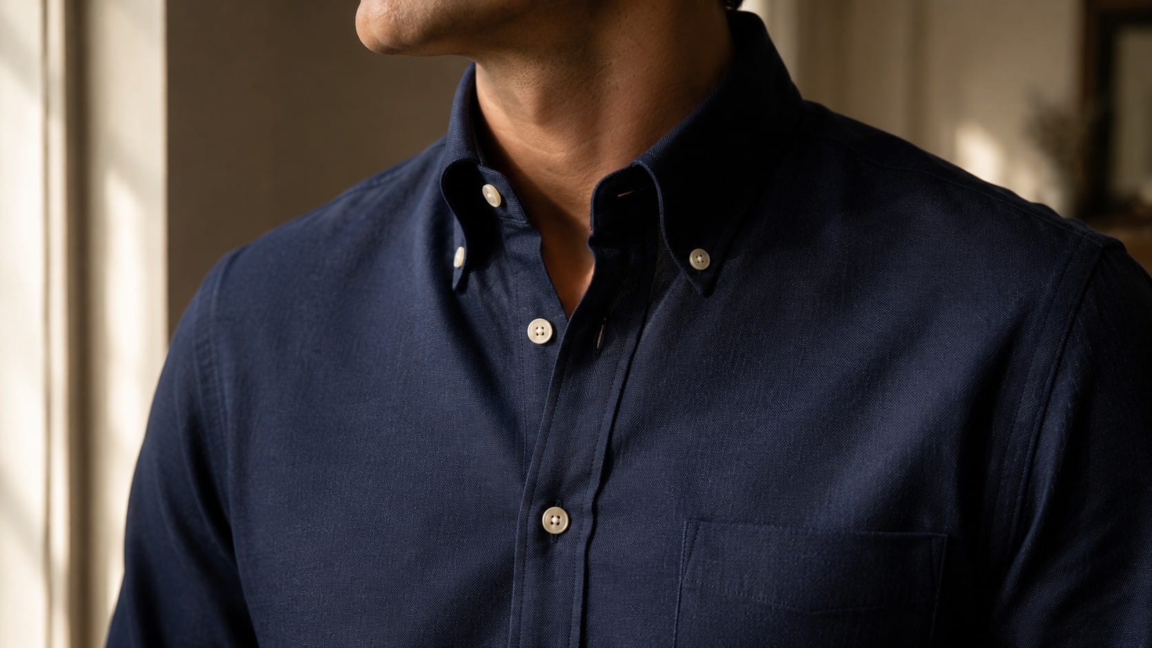 Alimens Gentle mens solid Oxford shirt review showing button-down collar detail, cotton Oxford weave fabric texture, and chest pocket construction in navy blue
