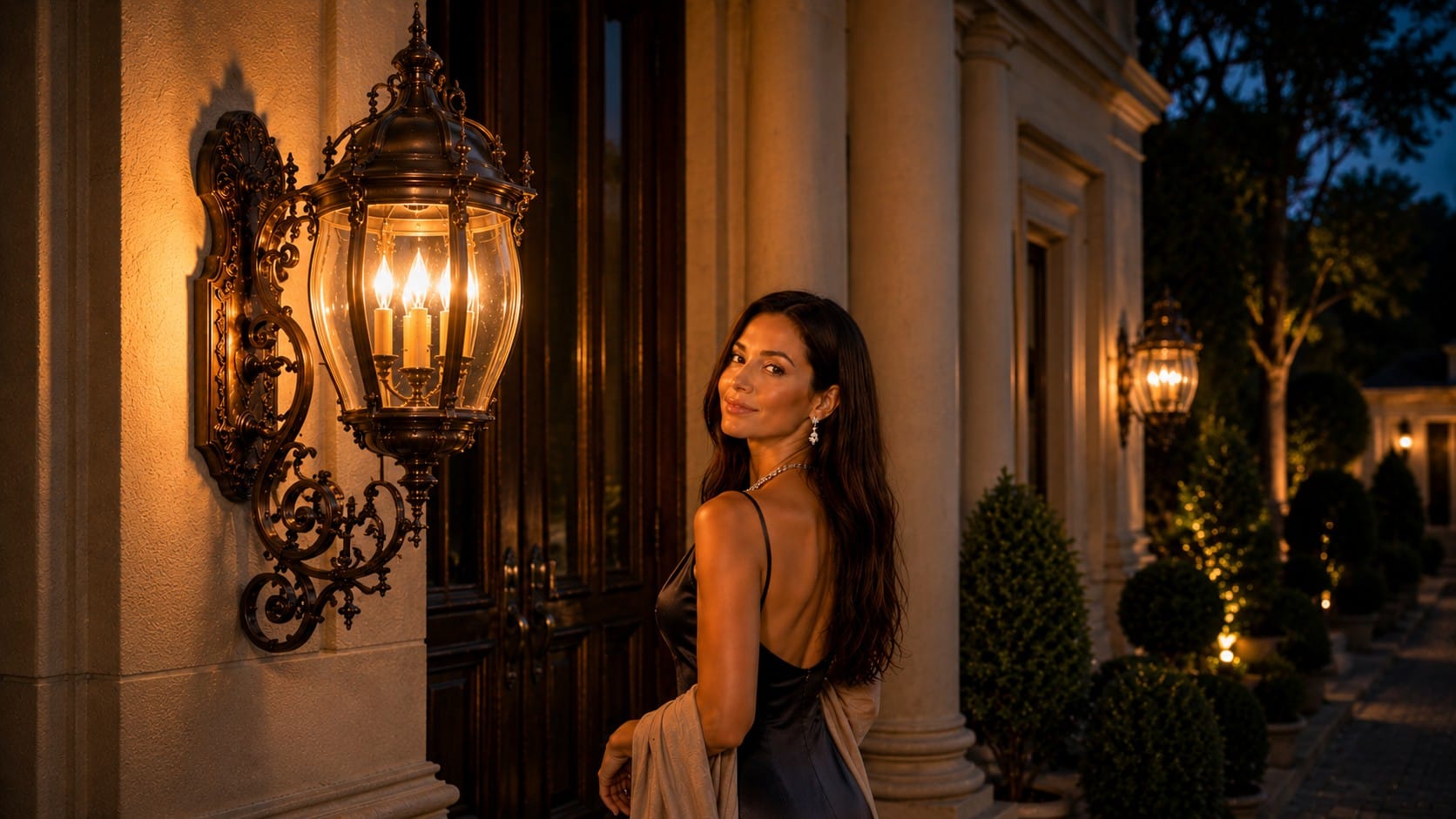 A collection of copper and solid brass heritage estate lanterns flanking grand home entrances at dusk