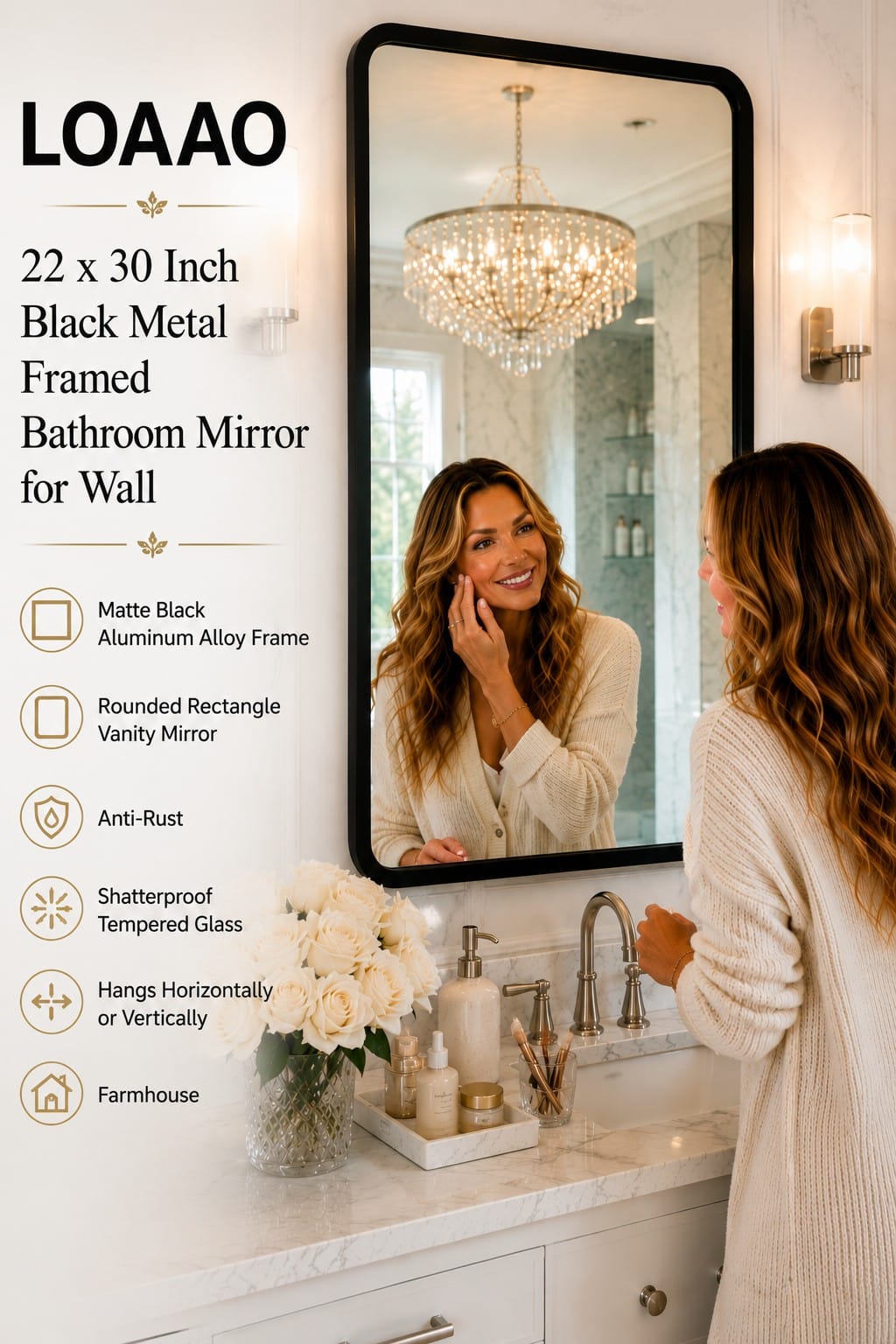 LOAAO 22 x 30 Inch Black Metal Framed Bathroom Mirror LOAAO 22 x 30 inch matte black metal framed rounded rectangle bathroom vanity mirror mounted above a sink