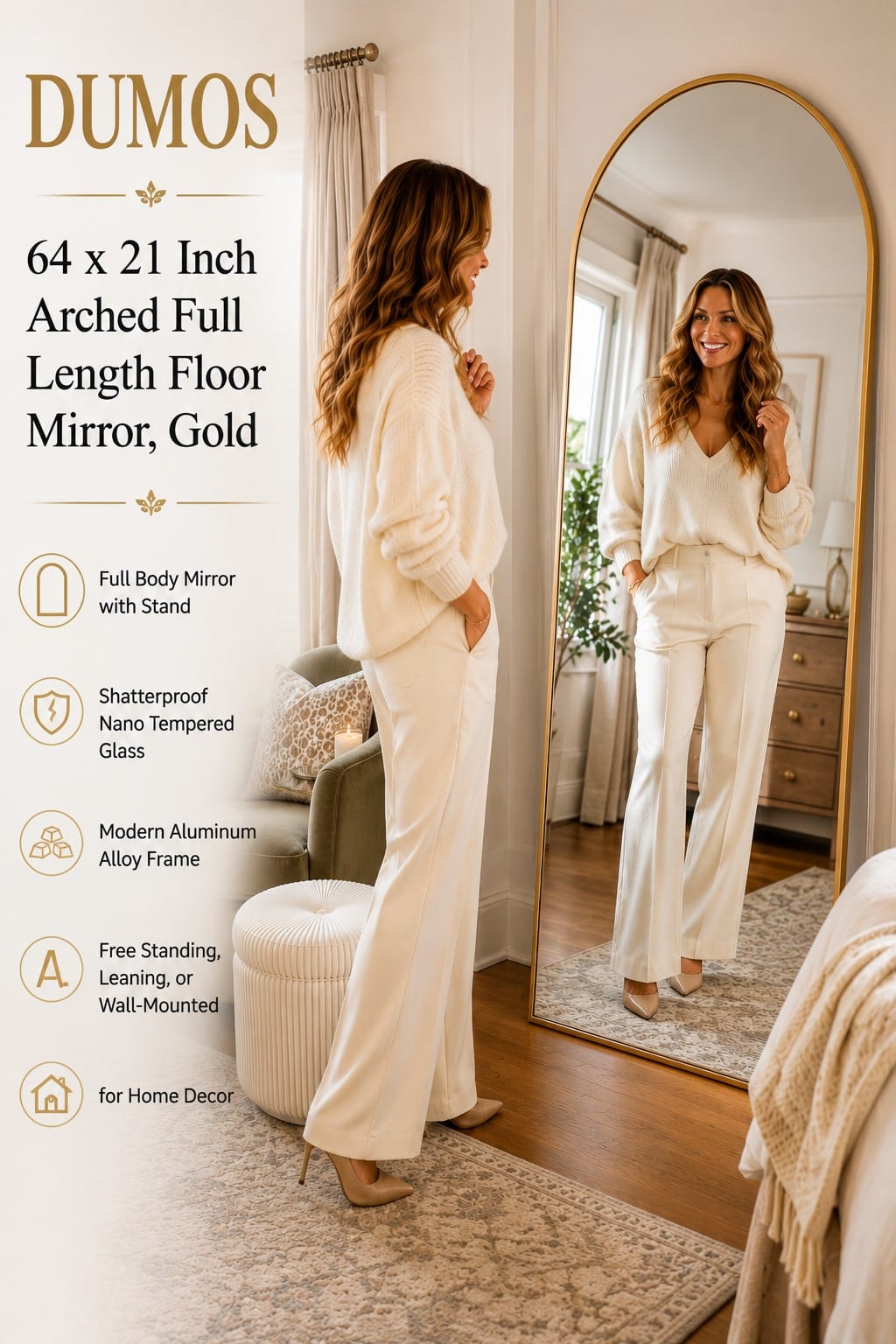 DUMOS 64 x 21 Inch Gold Arched Full Length Floor Mirror DUMOS 64 x 21 inch gold arched full length floor mirror with aluminum frame leaning against a bedroom wall