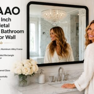 LOAAO 48 x 32 inch matte black metal framed rounded rectangle bathroom vanity mirror mounted above a sink