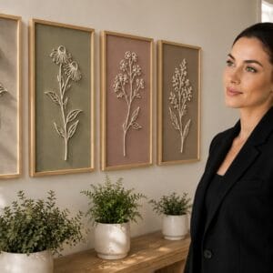 Set of 4 framed 3D wooden floral wall panels in taupe, sage green, dusty rose, and brown displayed above a console with potted greenery