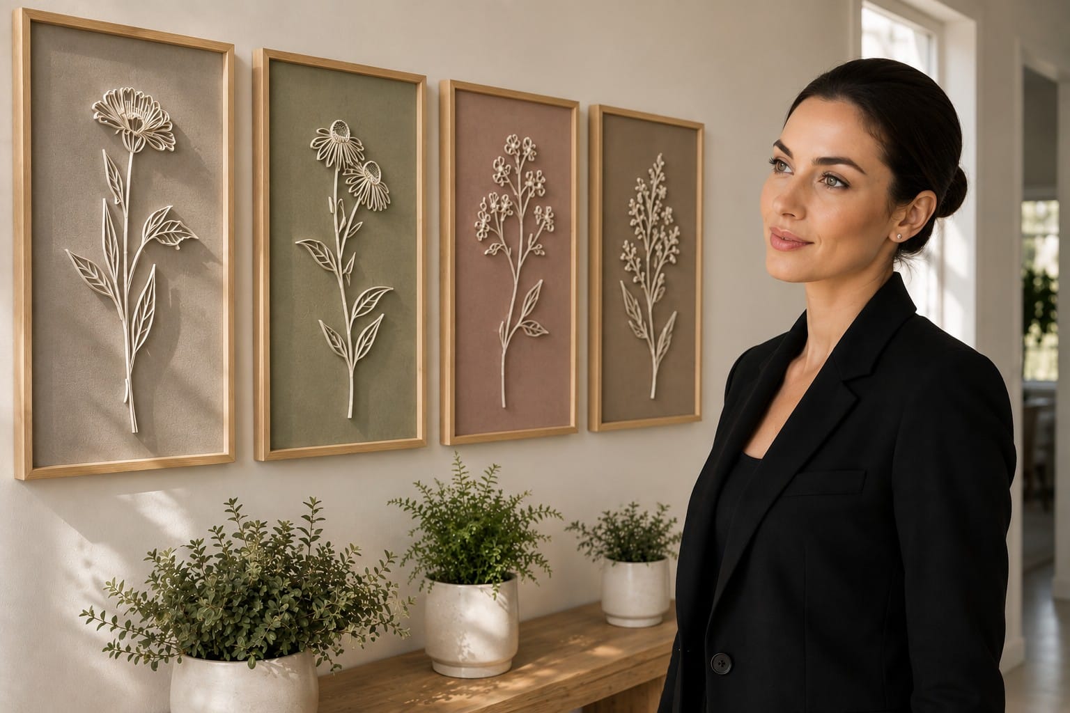 3D Wooden Floral Wall Decor Set of 4 Boho Botanical Set of 4 framed 3D wooden floral wall panels in taupe, sage green, dusty rose, and brown displayed above a console with potted greenery